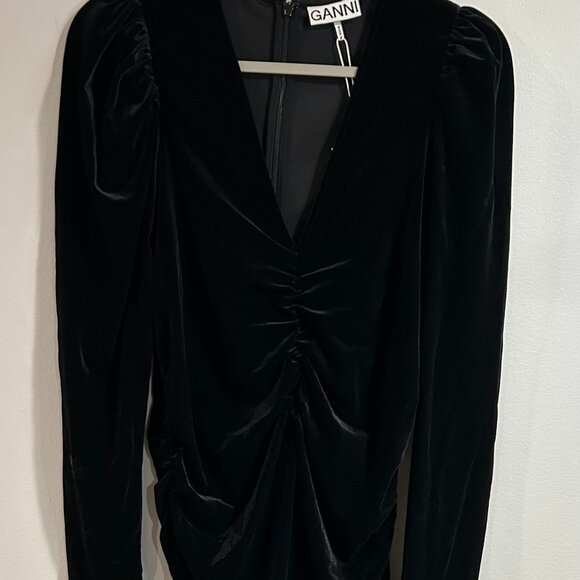 Ganni Velvet Jersey Gathered Mini Dress | Black / 44/US12 - Picture 3 of 11